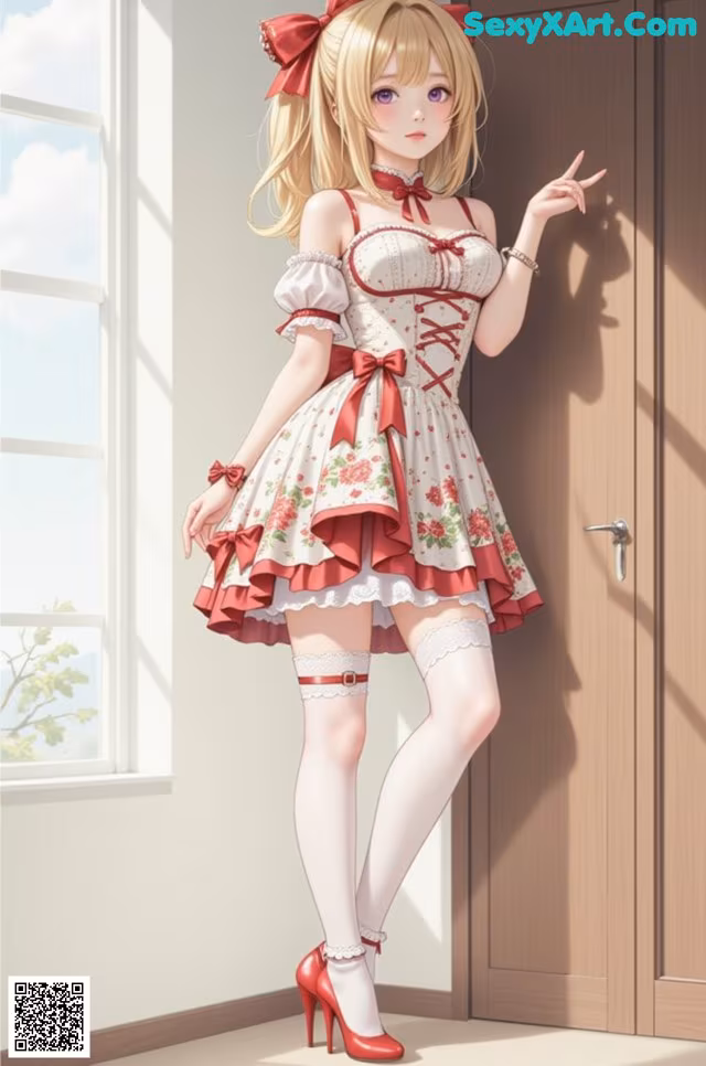 A woman in a red and white dress standing in front of a door.