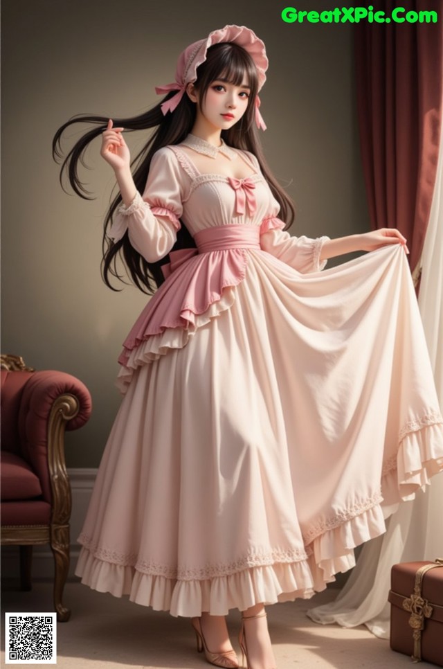 a woman in a pink dress and hat posing for a picture