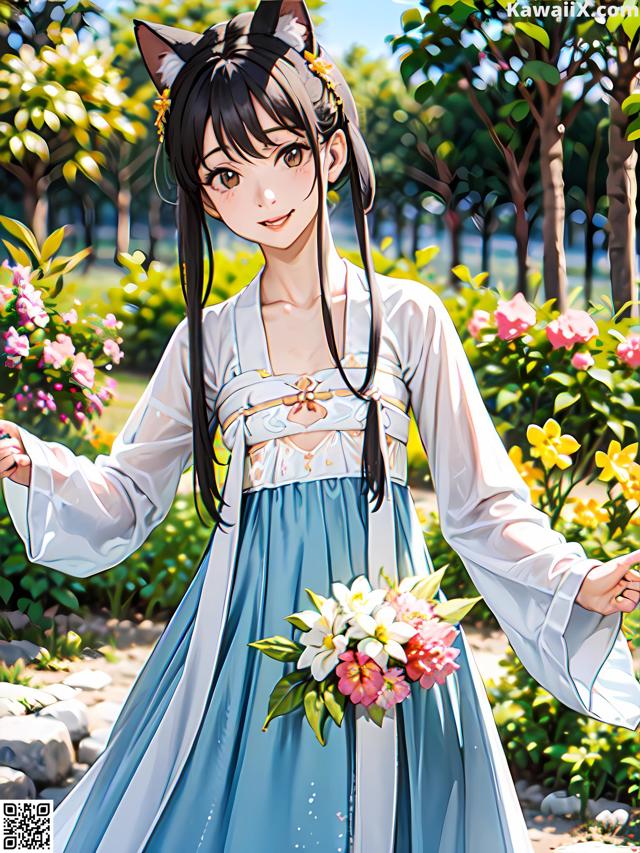 A woman in a blue dress holding a bouquet of flowers.