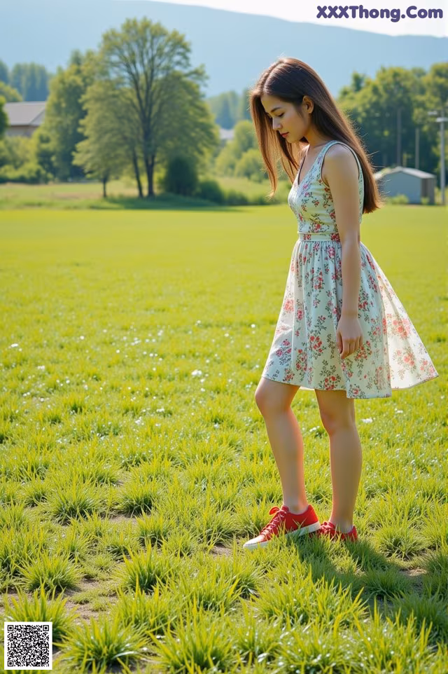 A woman standing in a field of green grass.
